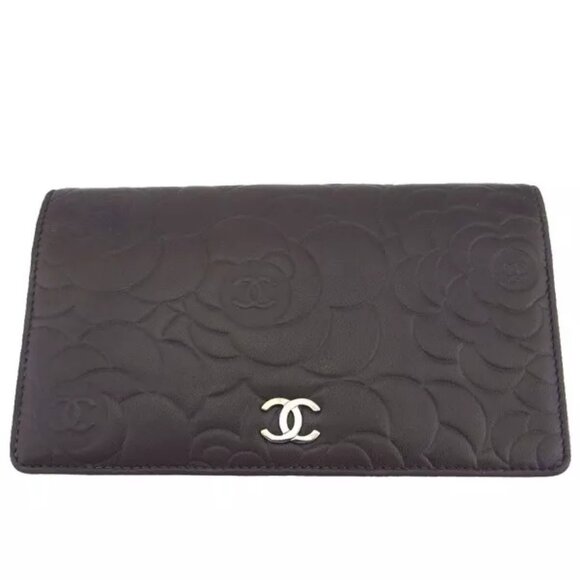 CHANEL Long Wallet Camellia Gray x Ivory Lambskin Authentic Used - Picture 1 of 10